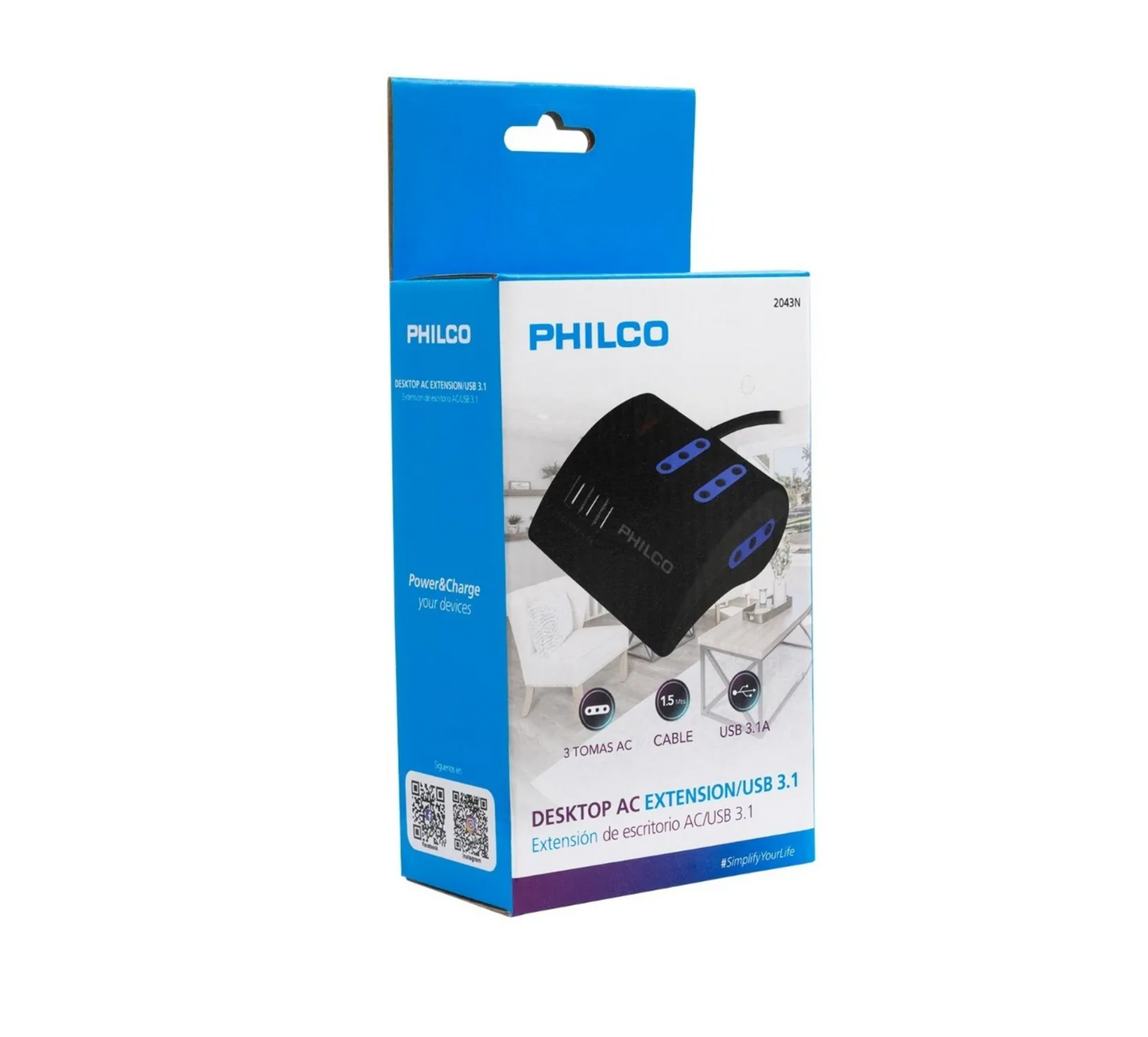 Extensión para Escritorio Philco Modelo 2043 con 3 Tomas AC + 3 Tomas USB