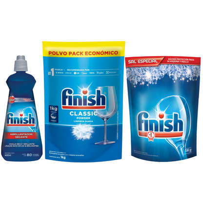 Finish Pack Económico Detergente Bolsa 1 kg. + Abrillantador 400 ml. + Sal Antisarro1 kg.