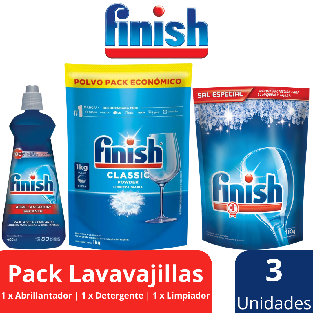 Finish Pack Económico Detergente Bolsa 1 kg. + Abrillantador 400 ml. + Sal Antisarro1 kg.