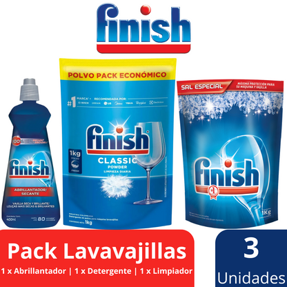 Finish Pack Económico Detergente Bolsa 1 kg. + Abrillantador 400 ml. + Sal Antisarro1 kg.