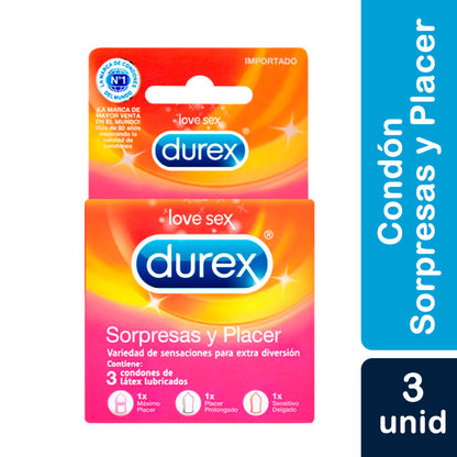 Durex Sorpresas y Placer Caja 3 Condones/Preservativos Surtidos