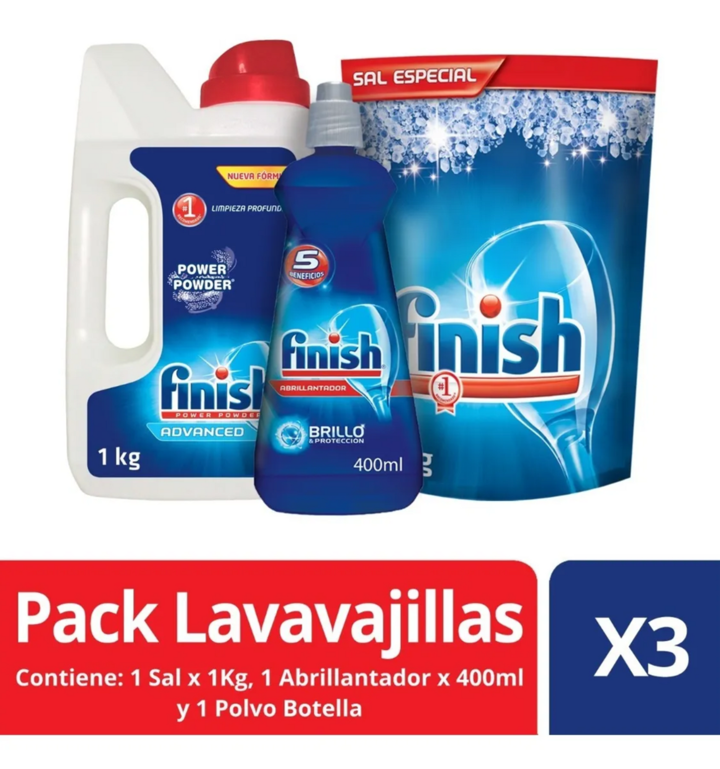 Pack Lavavajilla Finish: Sal 1 Kg, Abrillantador 400 ml y Detergente Polvo  Repuesto 1 Kg - Clean Queen