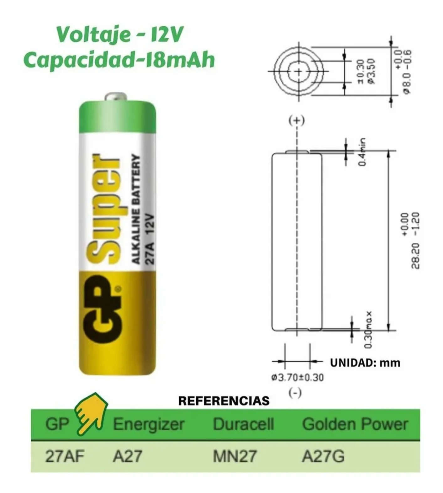  DURACELL 2 pilas alcalinas MN27 de 12 V G27A, A27, GP27A :  Salud y Hogar